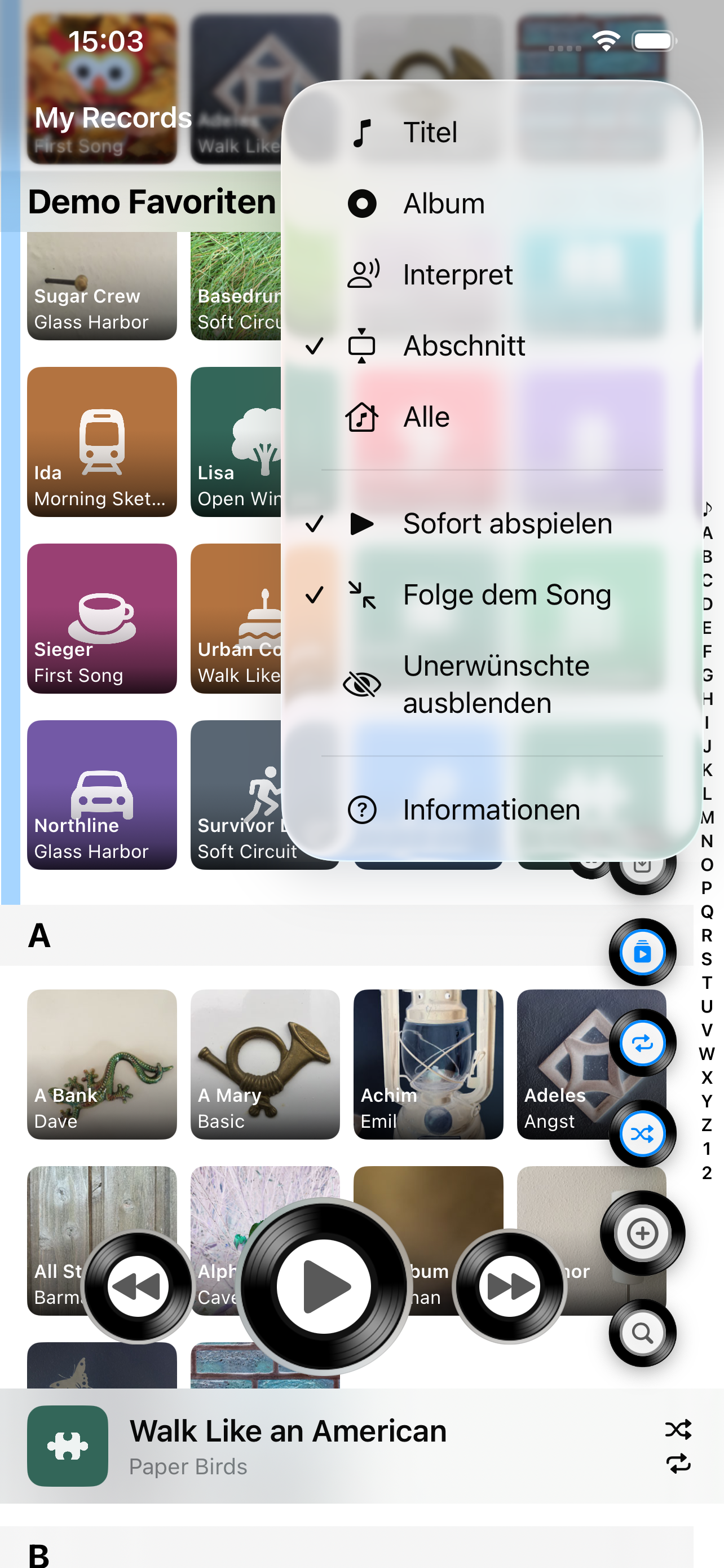 Menü für Wiedergabe-Umfang: Titel, Album, Interpret, Abschnitt, Alle